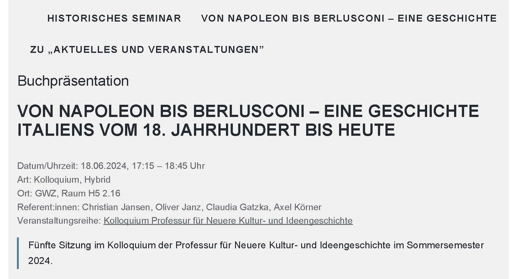 Universität Leipzig Von Napoleon bis Berlusconi – Eine Geschichte Italiens 1